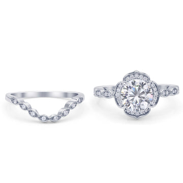 Round Floral Bridal Set Piece Vintage Style Engagement Ring Cubic Zirconia 925 Sterling Silver Wholesale